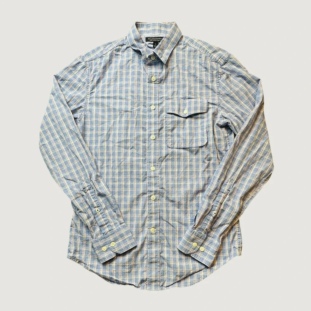 Banana Republic Shirt Mens S Blue Soft Wash Slim Fit Plaid Long Sleeve Button Up